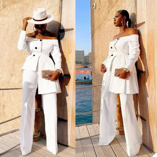 Designed Women Blazer Suits Off Shoulder Long Sleeve Slim Fit Custom Made Jacket Flare Pants 2 Pieces Set Daily Wear
