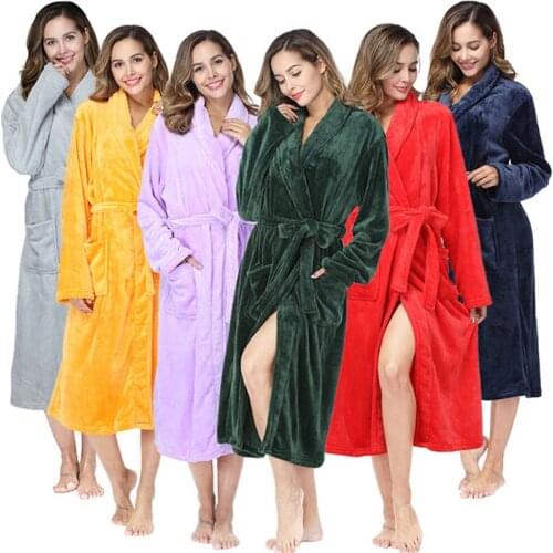 Women Winter Oversize Long Thick Fleece Bathrobe Kimono Warm Flannel Bath Robe Lapel Robes Night Sleepwear Women Dressing Gown