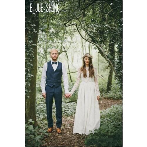 E JUE SHUNG White Lace Long Sleeves Wedding Dresses High Neck Backless Wedding Gowns A Line Bride Dresses vestidos de novia