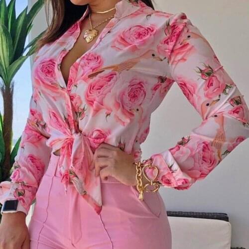 2021 Summer Blouse Women Fashion Long Sleeve Stand Collar Floral Rose Print Loose Shirts Casual Streetwear Top Blusas Mujer Y2K