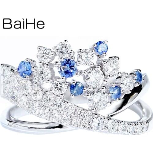 BAIHE Solid 14K White Gold 0.18ct Natural sapphirs 0.75ct Natural Diamonds Fine Jewelry Wedding Gift Trendy sapphirs Ring Women