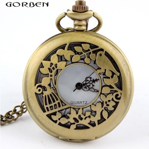 Bronze Bird Rabbit Hollow Quartz Pocket Watch Pendant Necklace Chain Vintage Pocket Fob Watches Relogio De Bolso