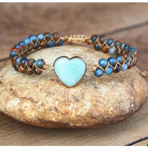 Cloisonne Beads Amazonite Heart Shape Charm Bracelets Women Bohemia Yoga String Braided Bracelet Wrap Bracelet Handmade Jewelry