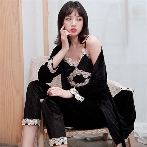 Black Women 4PCS Pajamas Suit Sexy Sleepwear Velour Kimono Bathrobe Gown Soft Velvet Intimate Lingerie Autumn New Home Clothes