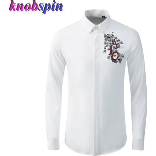 Floral Letters Beading Shirt men Brand Fashion Mens long sleeve SHIRTS casual slim business male Cotton Chemise Plus size M-4XL