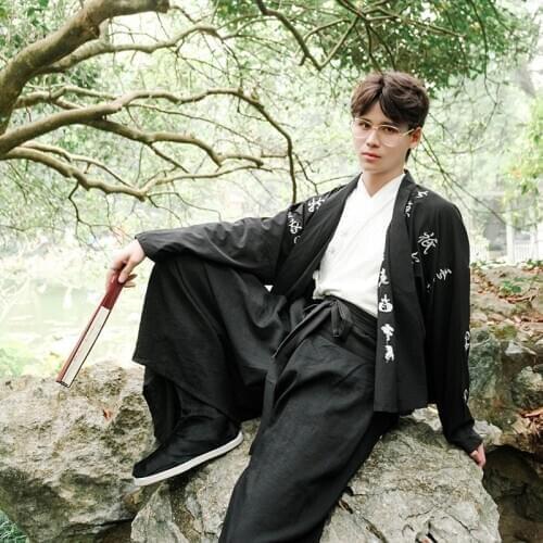Men Women Chinese Traditional Style Hanfu Sets Japanese Kimono Streetwear Haori Cardigan Embroidery Tops Pants Oriental Clothing