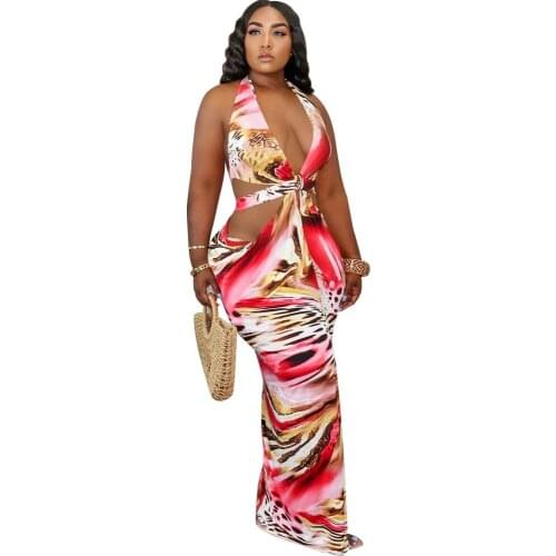DPSDE fashion new 2020 summer sexy beach style long dresses sleeveless hanging neck dresses printed floor-length long dresses
