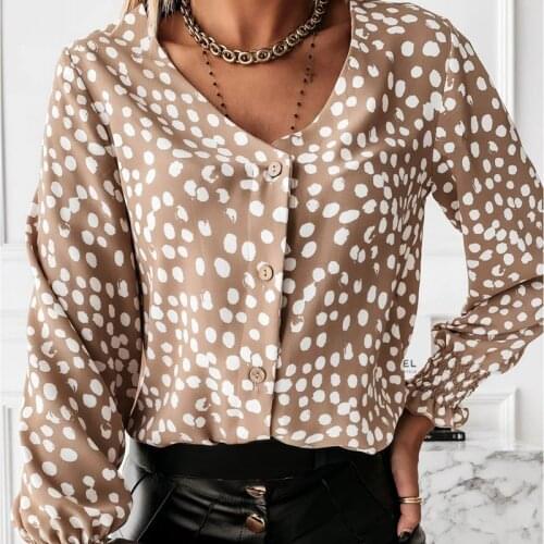 Elegant Women Blouses Fashion 2021 Spring Summer Long Sleeve V-Neck Polka Dot Buttons Office Lady Womens Shirt Plus Size