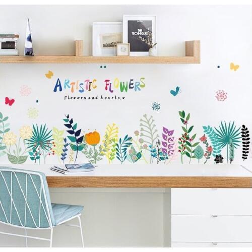 Artistic Handraw Flower Baseboard Wall Sticker Plant Mural Diy Art Poster Removable Stickers For Kids Room Kitchen Balcony