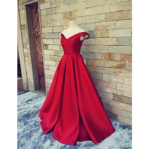 Red Long Evening Dress V-neck Off-shoulder Lace-up Floor Length Vestido De Festa Prom Gown Hot Sale 2019