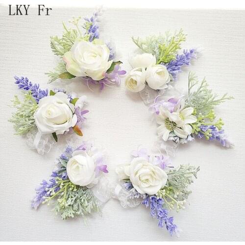 LKY Fr Wedding Wrist Corsages Bracelet Bridesmaids Flowers Corsage Bracelet Boutonniere Pin Marriage Wedding Cuff Corsage Flower