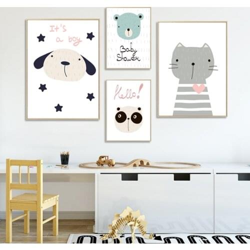 Cartoon Animals Canvas Poster Cute Panda Cat Dog Nursery Painting Nordic Wall Art Poster and Print Children Kids Bedroom Decor