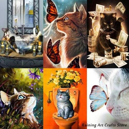 Diy Diamond Painting Cat On Toilet Embroidery Full Round Square Drill Cross Stitch Kits Butterfly Mosaic Picture Bathroom Decor
