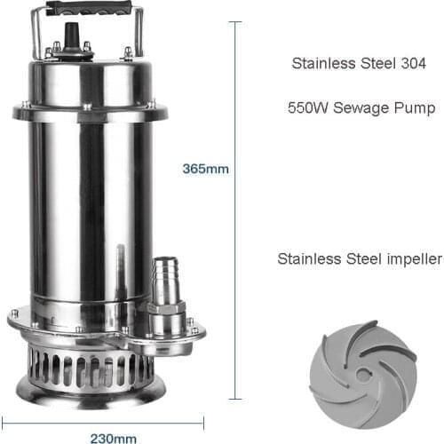 High Quality 0.55KW Stainless Steel Sewage Pump with 7M3/H Flow 7M Lift Max Submersible Pump 220V