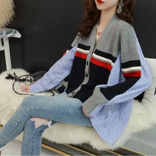 2020 autumn new shirt stitching knitted cardigan V-neck sweaters jacket top Long sleeve womens sweater pull femme nouveaute