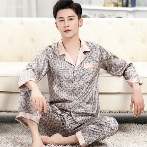 Pajama Set Imitation Silk Pajamas Men Cozy Soft Long Sleeve Nightgown Tops Trousers Two Pieces Sleepwear Set Pyjamas Home Clothe
