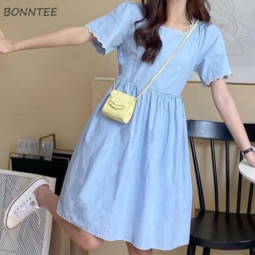 Dresses Women A-line Knee-length Tender Ladies Casual All-match Ulzzang Chic Folds Square Collar Ins Elegant Classy Students New