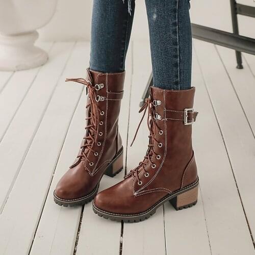 Casual and round head mid-calf boots lace-up rivet platform black green yellow brown high heels thick riding boots womens shoes