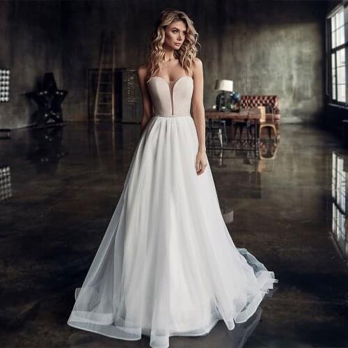 Simple A-Line Wedding Dresses Sleeveless Pearls Cut-Out Illusion 2021 Floor Length Long Lantern Sleeves Tulle Bridal Gowns Robe