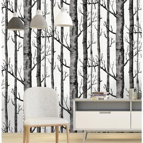 Self-adhesive Wood Grain Birch Wallpaper Rolls PVC Waterproof Black White Tree Forest Contact Paper Wall Stickers Decor 45cmx6m