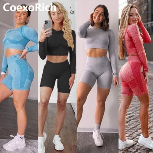 Sport Set Women Tracksuit Fitness Gym Clothing Long Sleeve Crop Top Running Tights Shorts Workout Seamless Yoga Suit Sportswear