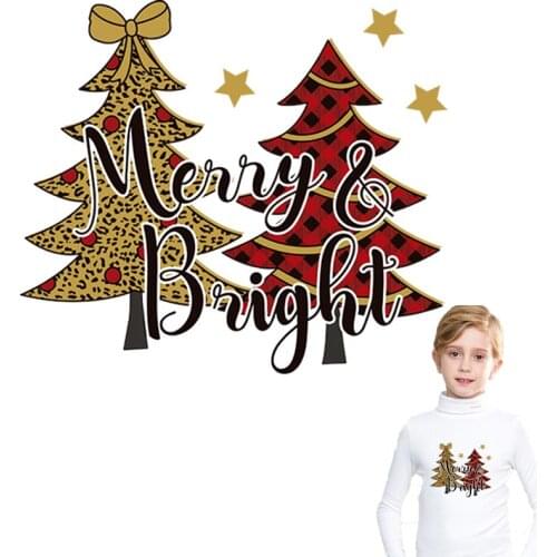 Beautiful Christmas Trees Iron On Transfer For Clothing DIY Washable Thermal Stickers On T-shirt Merry Bright On Clothes Patches