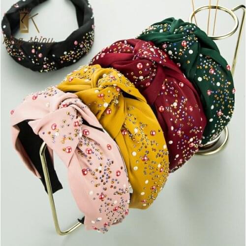Vintage Korean Rhinestone Bowknot Headband for Lady Elegant Solid Color Fabric Twist Hairband Girl Party Hair Accessory Headwear