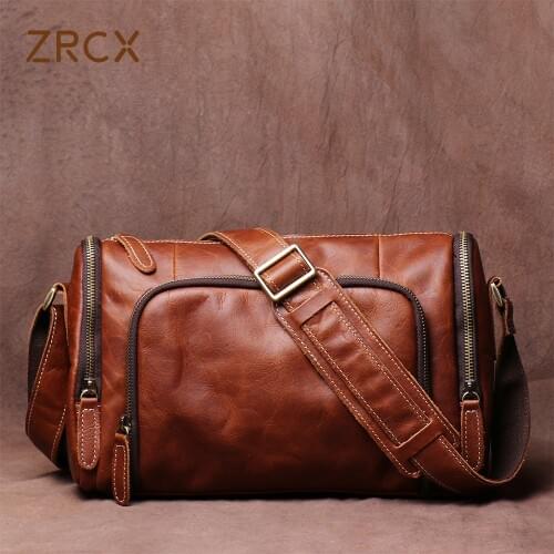 ZRCX Vintage Crossbody Bag Genuine Leather Mens Shoulder Fashion Casual Classic Messenger Man Bags For 9.7Inch IPAD