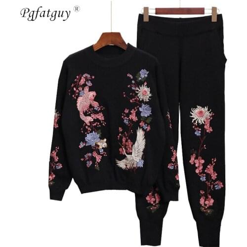 High Quality Womens Sweater Sets Top+Long Pants Knitted Tracksuit Sweat Suit Winter New Casual Embroidery 2 Two Piece Set Women