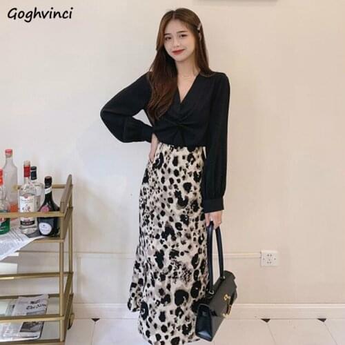 Women Sets 2 Piece Leopard Side-split High Waist Skirts V-neck Long Sleeve Shirts Office Lady Elegant Sexy Soft Casual Female