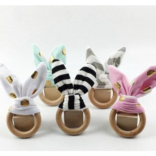 500pcs Cute Baby Rabbit Ear Teether Kid Safe Natural Wooden Ring Bracelet Toddle Teething Chew Toys for Baby Care
