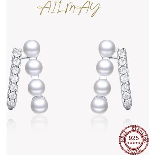 Ailmay Authentic 925 Sterling Silver Fashionc Elegant Geometric Pearl Earrings For Women Classic Wedding Statement Jewelry
