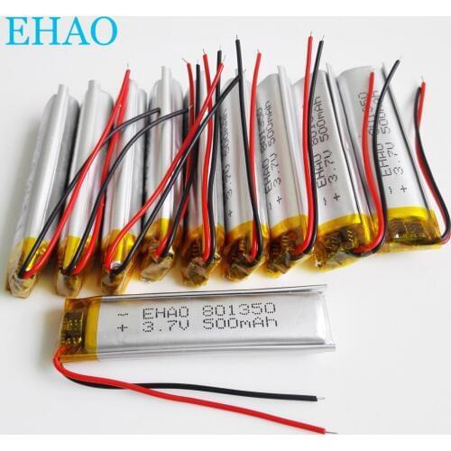 10 pcs EHAO 801350 3.7V 500mAh Lithium Polymer LiPo Rechargeable Battery Cells For Mp3 bluetooth GPS PSP Speaker Recorder