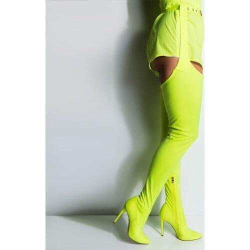 Sexy Female Europe Fashion Green Boots Cuts Womens Large Size Shoes Stiletto Heel Elastic Sock Boots Two In One Pants Boots