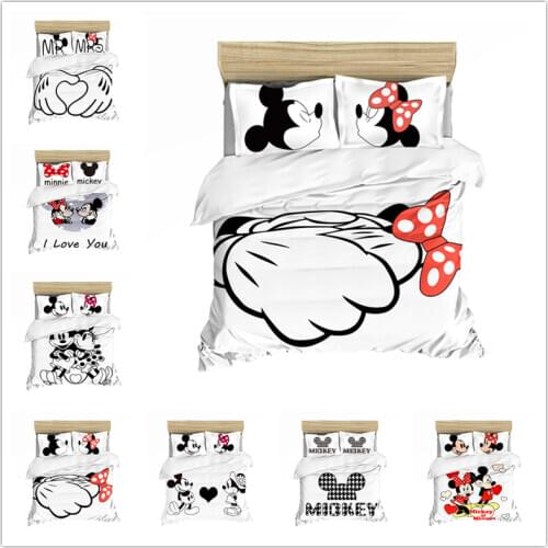 Black and white Cartoon Mickey Minnie Bedding set Bedclothes Duvet Cover Pillowcase Print Home Textile Bed Linens Children gift
