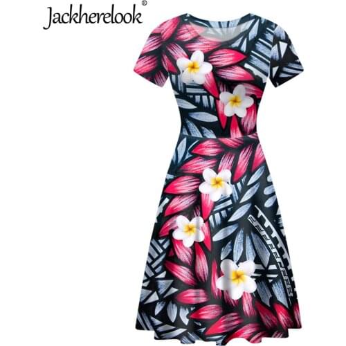 Jackherelook Fashion Trend Polynesain Tribal Floral Print Summer A-Line Swing Party Dress for Ladys Girls Short Sleeve Vestidos