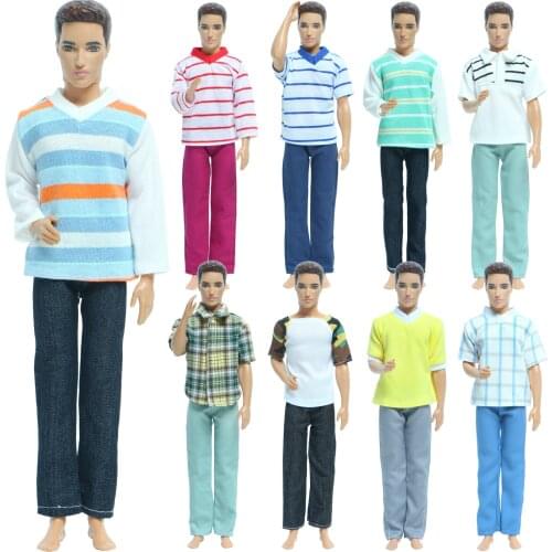 Random 3 Pcs / Lot High Quality Mens Outfit Daily Casual Wear Shirt Pants Trousers Clothes for Barbie Doll Ken Accessories Toys