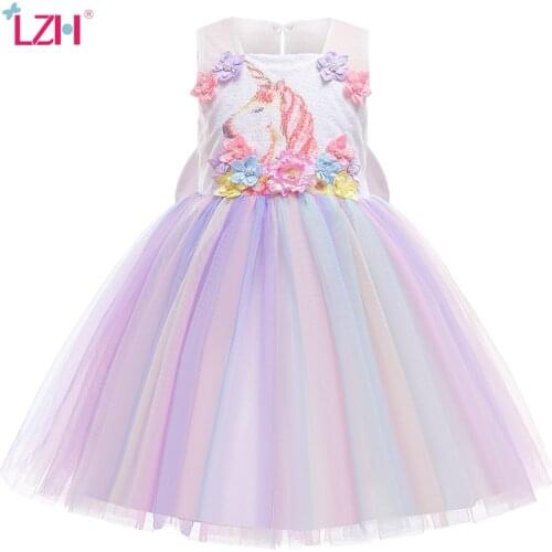 LZH 2021 Unicorn Dress For Kids 3-10 Years Childrens Clothing Net Yarn Evening Dresses For Kids Cute Baby Girls Princess Dress