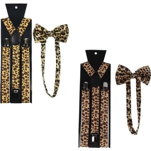 Men Women Suspender Bow Tie Set 2.5cm Wide Animal Leopard Print Adjustable 3 Clip-on Y-Back Elastic Belt Braces Bowtie