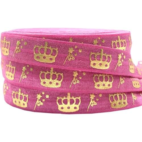 New Ribbon gold foil crown printed fold over elastic FOE Headband DIY Wedding Party decoration Sewing Accessories 10yard 16mm