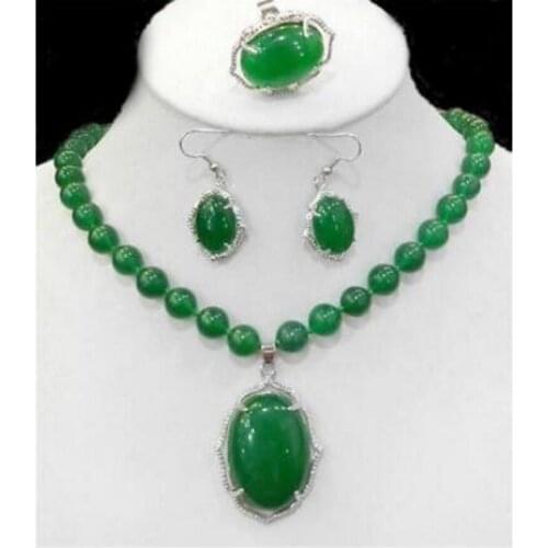 New hot Natural Charming Green Jade Gems tone Necklace Ring Earring Jewelry Sets