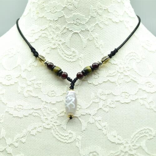 White agate 12*25mm DZI ladies pendant necklace tea crystal garnet woven necklace Tibet amulet lotus pattern Free Shipping