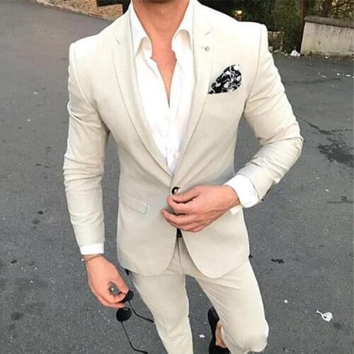 Slim Fit Beige Men Suits for Wedding Groom Tuxedos 2 Pieces (Jacket+Pants) Bridegroom Outfits Best Man Prom Blazer Costume Homme