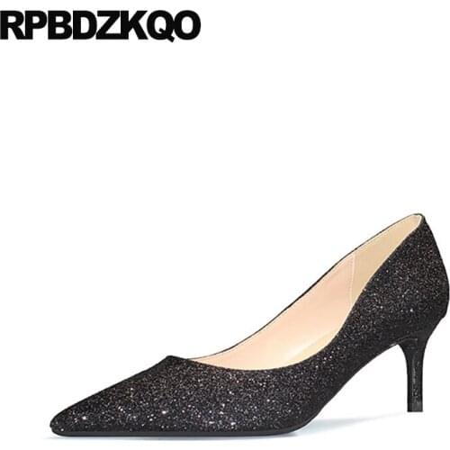 Pointed Toe Luxury Brand Shoes Women Medium Heels High Scarpin Size 33 8cm 10 42 Casual Plus Pumps Black Glitter 2021 Slip On