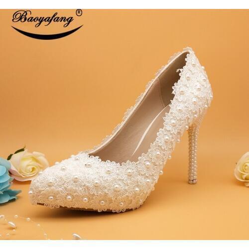 BaoYaFang Pointed Toe White Wedding shoes Super Thin Heel party Dress shoes woman fashion Bride Lace Sweet High shoes