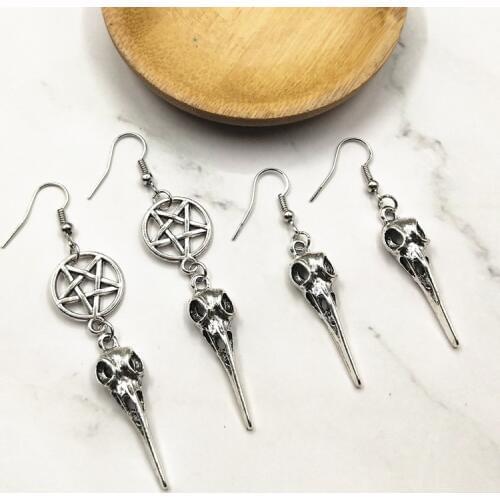 Vintage personalise antique Silver Inverted pentacle, raven skull earrings