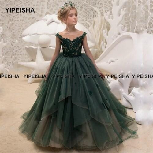 Yipeisha Scoop Green Flower Girl Dress A-line Tulle Appliqued Kids Party Gown for Wedding Birthday robe mariage enfant fille