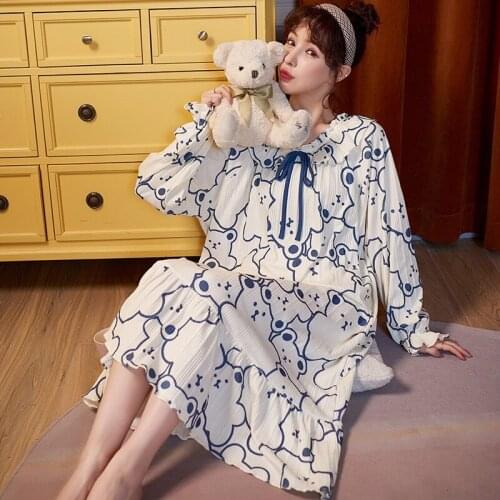 Autumn Women Cotton Homedress Nightdress Long sleeve Nightgowns One-piece Dress Sleepwear Large Size Loose Fashion Home Clothing