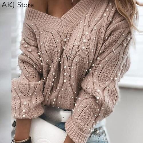 Women V Neck Beaded Design Sweaters Casual Autumn Long Sleeve Pullover Tops Cut-out Lace-up Knit Sweater Women Clothing