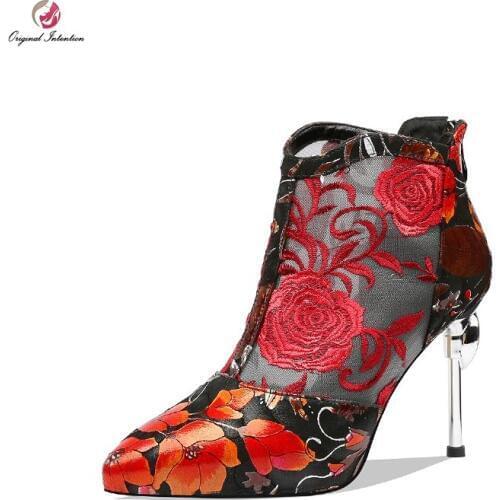 Original Intention Women Pumps Mesh Sandals Pointed Toe Metal Thin High Heel Flower Decoration Summer Red Blue US Size 3-9